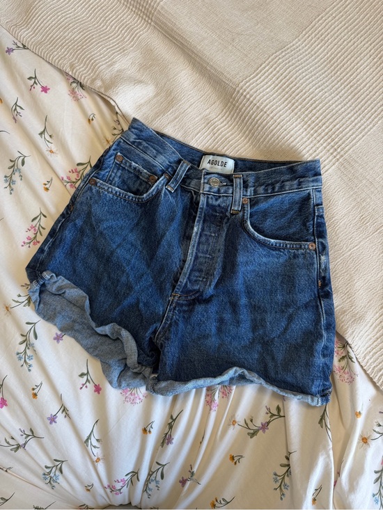 Agolde Pants - Agolde Dark Blue High-Rise Rolled Hem Denim Shorts